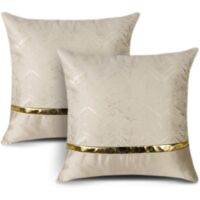 Set of 2 Square Cushion Covers for Bed, Sofa, Car Decor, Modern, Minimalist, Gold Leather with Wavy Stitching, 40 x 40 cm (Beige)