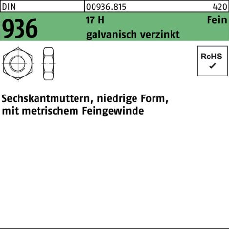 Sechskantmutter niedriges Modell DIN936 M18x1,50 Stahl verzinkt Klasse 8 UNIVERSAL 50 9361815 (1/2)