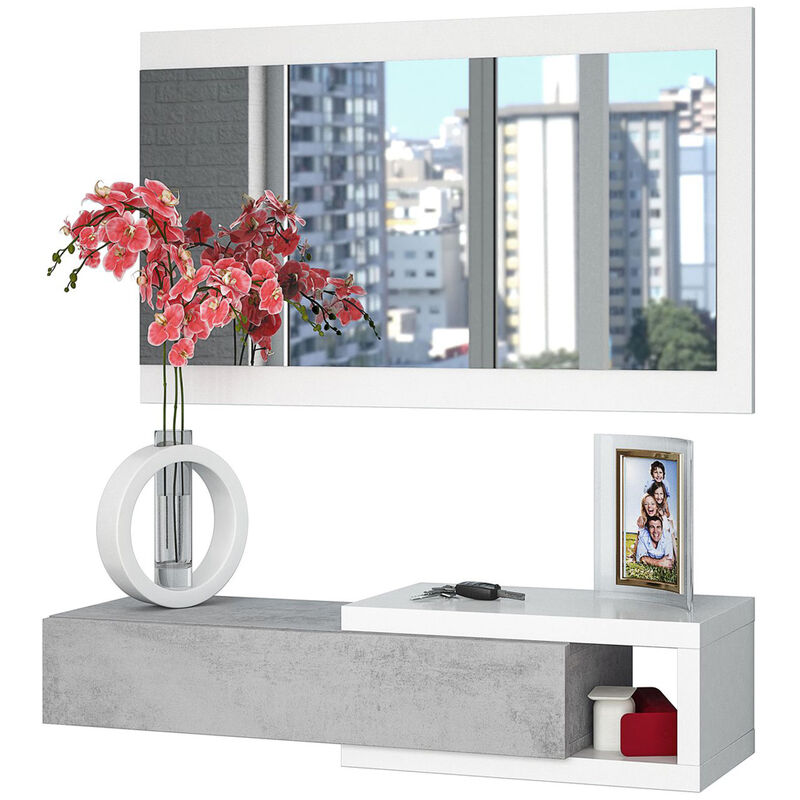 Mobile ingresso SOSPESO con cassetto ripiano e specchio CEMENTO + BIANCO 95  X 29 X 19 cm 0L6743A