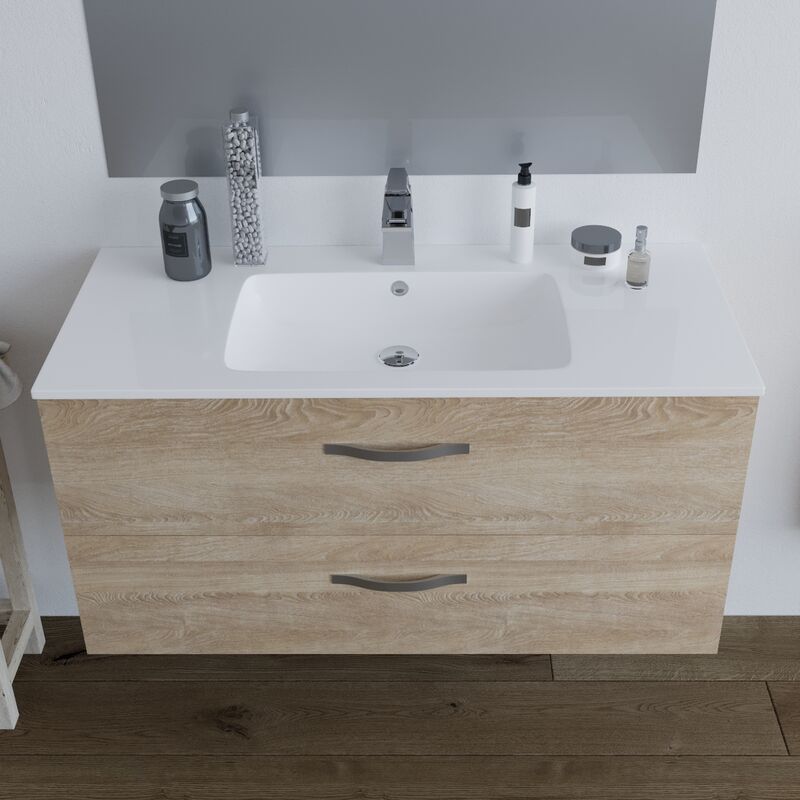 Mobile bagno SOSPESO 100 cm con lavabo in ceramica e specchio con cassetti  ROVERE CHIARO LINDA 8210