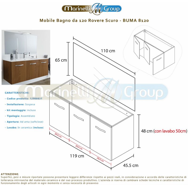 Mobile bagno SOSPESO 120 cm con lavabo in ceramica e specchio con 3 ante  ROVERE SCURO BUMA 8120