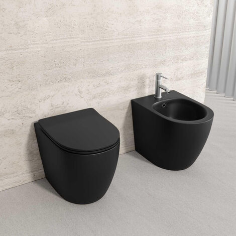 Sanitari a terra NERO OPACO filomuro RIMLESS scarico VORTICE bidet e vaso WC coprivaso softclose FAST VORTEX