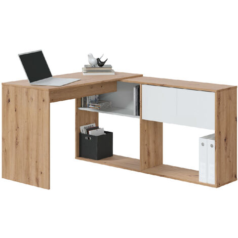 Scrivania libreria ufficio reversibile multiposizione rovere nodi + bianco computer gaming 144 X 112 X 72 cm 018316W