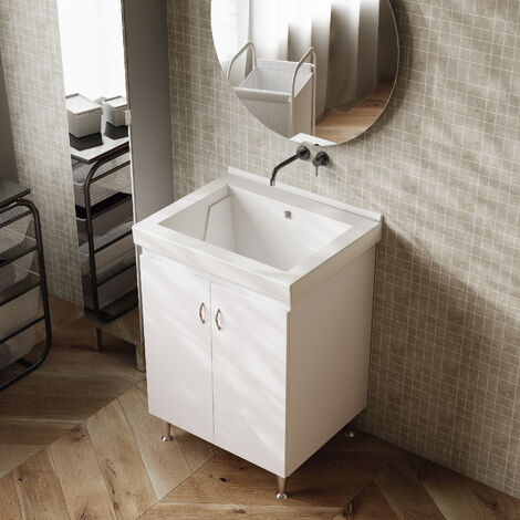 Mobile lavatoio bianco con vasca in CERAMICA 63 X 51 X 86 foro troppo pieno Dyma