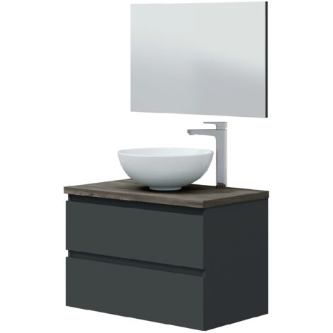 Mobile bagno 80 cm sospeso con lavabo da appoggio bacinella ceramica 2 cassetti GRIGIO ANTRACITE + OLMO 305734Z