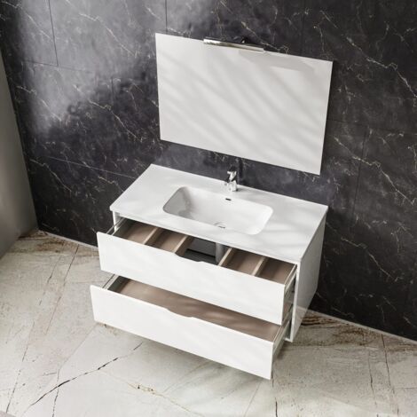 Mobile bagno 75 cm sospeso lavabo ceramica specchio luce 2 cassetti BIANCO LUCIDO 75 x 46 x 55 cm Glass (1/3)