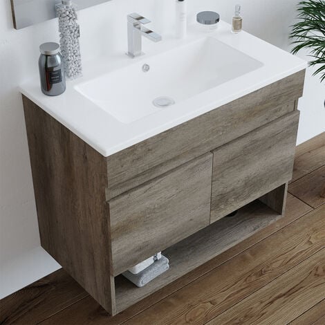 Mobile bagno sospeso 80 cm 2 ante serie Oasi rovere con specchio e lavabo