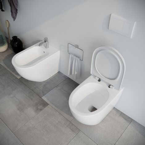 Sanitari bagno filomuro a terra Bidet e Vaso WC ARCO in ceramica con sedile coprivaso softclose 