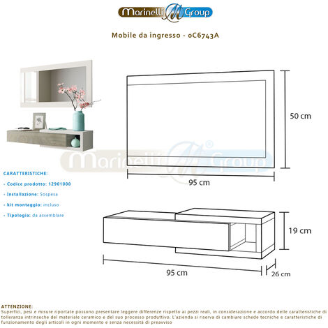 Mobile ingresso SOSPESO con cassetto ripiano e specchio ROVERE + BIANCO 95  X 29 X 19