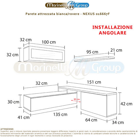 Parete attrezzata soggiorno moderna MULTIPOSIZIONE mobile TV pensile  mensola sala pranzo salotto ROVERE+BIANCO 200