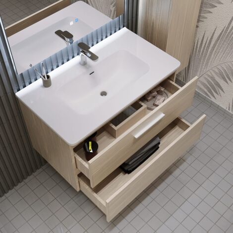 Mobile Bagno Con Lavabo In Ceramica - 80cm Stile Vintage Bianco/Rovere - Con Cassetto E 2 Ante - Foto 10