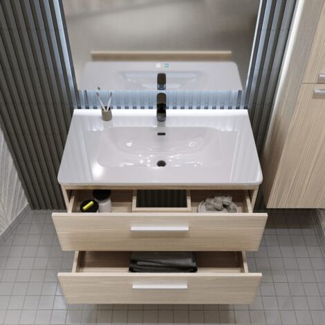 Lomadox Set Mobile Bagno Con Lavabo In Ceramica – 80 Cm – 2 Cassetti Softclose – Rovere Wotano - 2