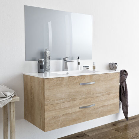 Mobile bagno sospeso 80 cm con lavabo specchio e colonna maiolica grigio