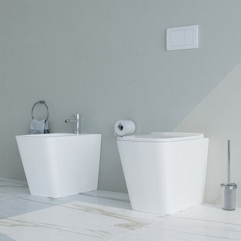 Sanitari bagno Bidet e Vaso WC a terra filomuro RIMLESS in ceramica con  sedile coprivaso softclose CUBE