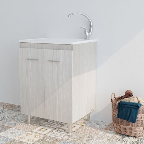 Mobile lavatoio in Legno BIANCO VENATO 60X60 cm asse lavapanni pilozza  vasca in resina lavanderia SPM