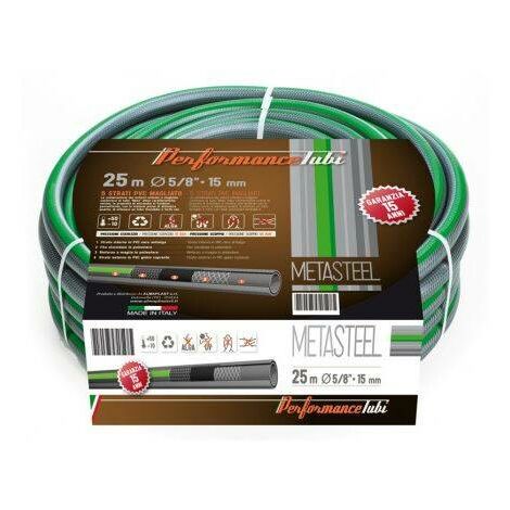 Tubo da giardino Mèta Steel a 5 strati in PVC doppio rinforzo tessile trecciato e magliato - Diametro Ø: 15 mm - 5/8 di pollice, Lunghezza: 50 mt