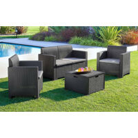 Bica – Salon de jardin 4 places en polypropylène effet rotin – Ensemble extérieur avec coussins – Table basse transformable – Résistant aux intempéries