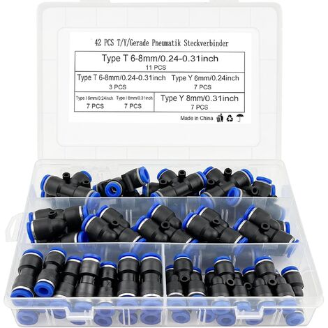 Lot de 42 raccords pneumatiques T/Y/I – Raccord rapide droit pour tuyaux 6 mm/8 mm – Matériau PBT – Pression 0-10 MPa (1/5)