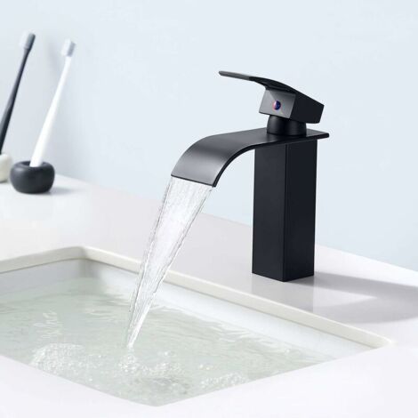 Wasserfall-Waschtischmischbatterie mit 114 mm Auslaufhhe, schwarzer Badezimmerhahn mit heiem und kaltem Wasser verf��gbar, stilvoller Messing-Waschtischmischer (1/5)