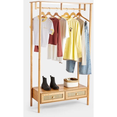 BTFY Rattan Clothes Rail Natural Wood Veneer Coat Stand Freestanding Cane Open Wardrobe Wicker Coat Rack w 2 Drawers Scandi Style Clothes