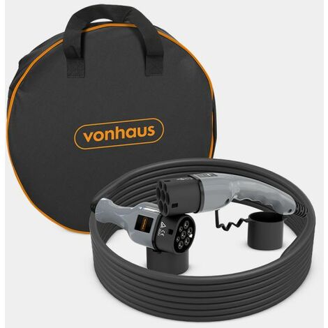VonHaus EV Charging Cable Type 2 to Type 2, 32 to 16 Amp 7.2kw Electric Car Charger Single Phase- 5m Flat Cable Shower Resistant with Carry Case