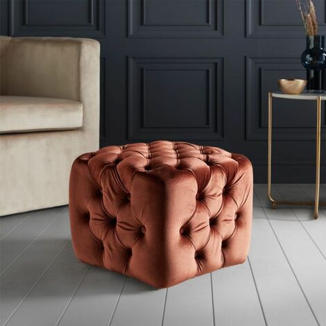 Spinningfield Velvet Clay Button Footstool - Red Tufted Stool Pouffe with Soft, Cushioned Velvet Fabric – Luxury Modern & Contemporary Chesterfield Style Ottoman for Lounge, Living Room & Bedroom