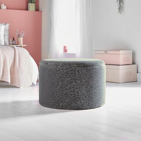 BTFY Round Storage Ottoman – Grey Velvet Footstool – Animal Print Large Storage Stool Pouffe with Internal Pockets & Lid - Upholstered & Cushioned Storage Box Footrest for Bedroom, Dressing Table