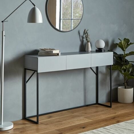 VonHaus Console Table, Grey Wood Veneer Metal Frame Sideboard, 3-Drawers Hallway table, Multi-Use Console Table With Drawers, Minimalist Design