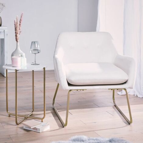 BTFY Velvet Armchair – Cream Velvet Accent Chair – Dressing Table Living Room & Dining Chair With Gold Metal Legs & Button Detailing – Padded & Upholstered Bedroom Reading Chair