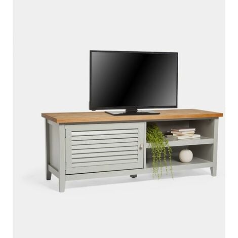VonHaus Grey TV Unit – TV Stand For Living Room with Storage Drawer Cupboard, Open Shelves & Natural Ash Wood Top, Soft, Light Grey Sturdy Media & Entertainment Cabinet, Multimedia Centre Sideboard