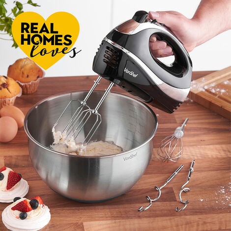 VonShef Hand Mixer Electric Whisk, 300W, 2 Stainless Steel Beaters, 2 Dough  Hooks & Balloon Whisk, Cream