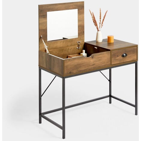VonHaus Jaxon Dressing Table with Lift Up Mirror – Wooden Vanity Table Desk with Drawer – Industrial Rustic Style Makeup Table with Storage & Black Metal Handles and Legs – for Bedroom & Home Office