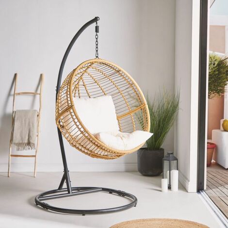 VonHaus Rattan Hanging Egg Chair – Swing Chair with Cushion - Hand Woven Rattan Wicker – Powder Coated Steel Frame – Outdoor Garden Furniture for Patio, Decking, Balcony, Conservatory – Natural