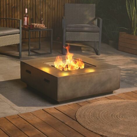 VonHaus Gas Fire Pit – Square Firepit for Outdoor, Garden, Patio – MgO Material with Cover, Regulator, Hose, Carry Handles, Adjustable Flame Settings – Compatible with Propane – Faux Concrete