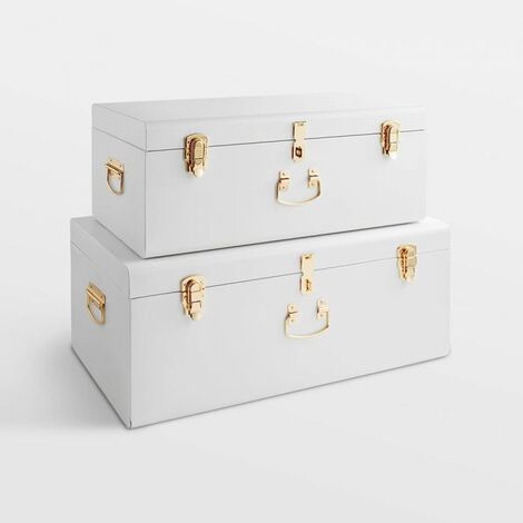 BTFY Storage Trunks Extra Large Set of 2 - White Steel Storage Chests with Rose Gold Handles, Stylish Stackable Bedroom Storage for Bedroom, Living room, Dressing room