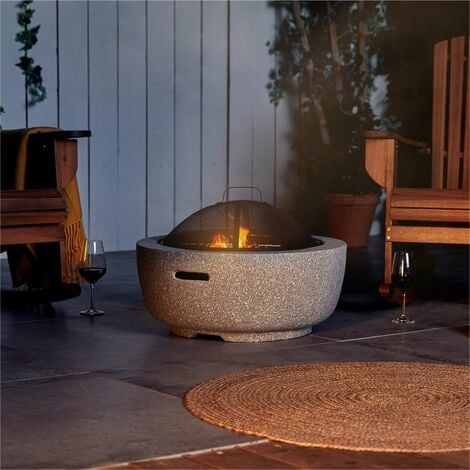 VonHaus Fire Pit Bowl – Round Firepit with BBQ Grill Function, Poker & Spark Guard – MgO Material – Outdoor, Garden, Patio Heater/Burner for Wood & Charcoal - Grey
