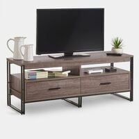 VonHaus TV Unit – Television Stand Cabinet with 2 Drawers, Dark Walnut Wood Effect, Rustic Industrial Sideboard with Black Frame & Storage Shelves for Living Room & Lounge - Easy To Assemble Furniture