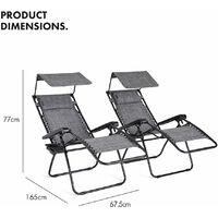 VonHaus Set of 2 Heavy Duty Textoline Zero Gravity Chairs with Canopy - Garden Outdoor Patio Sun Loungers with Shade Chairs and Drinks Holder Folding Reclining Deck Chairs