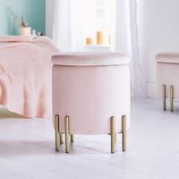 BTFY Pink Velvet Storage Stool – Round Footstool Pouffe, Vanity Seat with Lid and Gold Legs, Upholstered & Cushioned Footrest Ottoman for Dressing Table, Bedroom, Living Room, Fitting Room, Office