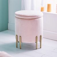 BTFY Pink Velvet Storage Stool – Round Footstool Pouffe, Vanity Seat with Lid and Gold Legs, Upholstered & Cushioned Footrest Ottoman for Dressing Table, Bedroom, Living Room, Fitting Room, Office
