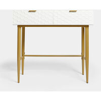BTFY White & Gold Dressing Table with 2 drawers – Honeycomb Design, Vanity Table, Desk, Make up table, Vanity Desk with Gold Metal Legs, for Bedroom, Living Room, Office