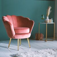 BTFY Pink Velvet Chair – Accent Chair With Petal Scallop Shell Back & Gold Metal Legs – Tub Chair For Bedroom, Dining & Living Room, Dressing Table, Desk & Home Office – Art Deco Vintage Style