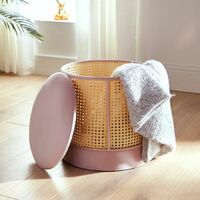 BTFY Rattan Storage Stool - Round Storage Footstool With Lid - Pink Velvet Dressing Table Stool Storage Box Pouffe – Padded Vanity Seat for Bedroom, Living Room, Fitting Room