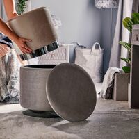 BTFY Set of 2 Footstools - Grey Velvet Storage Stools - Large Round Champagne & Silver Luxe Ottoman Seat Pouffes For Bedroom, Dressing Table, Living Room & Home Office