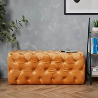 Spinningfield Yellow Velvet Button Bench - Large Tufted Mustard Gold End of Bed Bench, Footstool Ottoman With Cushioned Fabric – Long, Wide Rectangular Luxury Pouffe for Lounge, Bedroom & Living Room