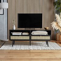 Spinningfield TV Unit, Cane Rattan and Wood TV Stand With 2 Drawers and Shelves, Black And Cane Art-Deco TV stand