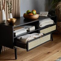 Spinningfield TV Unit, Cane Rattan and Wood TV Stand With 2 Drawers and Shelves, Black And Cane Art-Deco TV stand