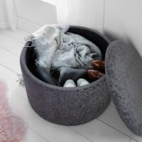 BTFY Round Storage Ottoman – Grey Velvet Footstool – Animal Print Large Storage Stool Pouffe with Internal Pockets & Lid - Upholstered & Cushioned Storage Box Footrest for Bedroom, Dressing Table