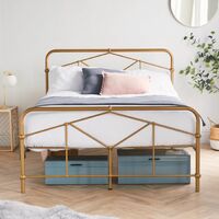 BTFY Double Bed Frame - Gold 4ft 6" Metal Bed Frame With Round Edged Geo Design Headboard & Footboard - Features Solid Metal Slats, Adjustable Support Legs & Under Bed Storage Space