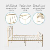 BTFY Double Bed Frame - Gold 4ft 6" Metal Bed Frame With Round Edged Geo Design Headboard & Footboard - Features Solid Metal Slats, Adjustable Support Legs & Under Bed Storage Space